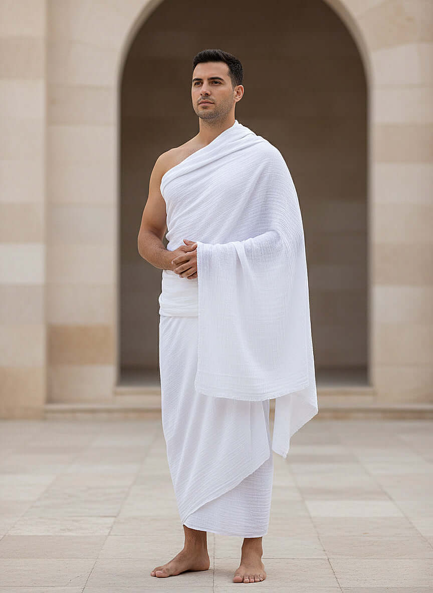 Man wearing a QuadraCool Bamboo Cotton Ihram for hajj, showcasing its lightweight and stylish design.