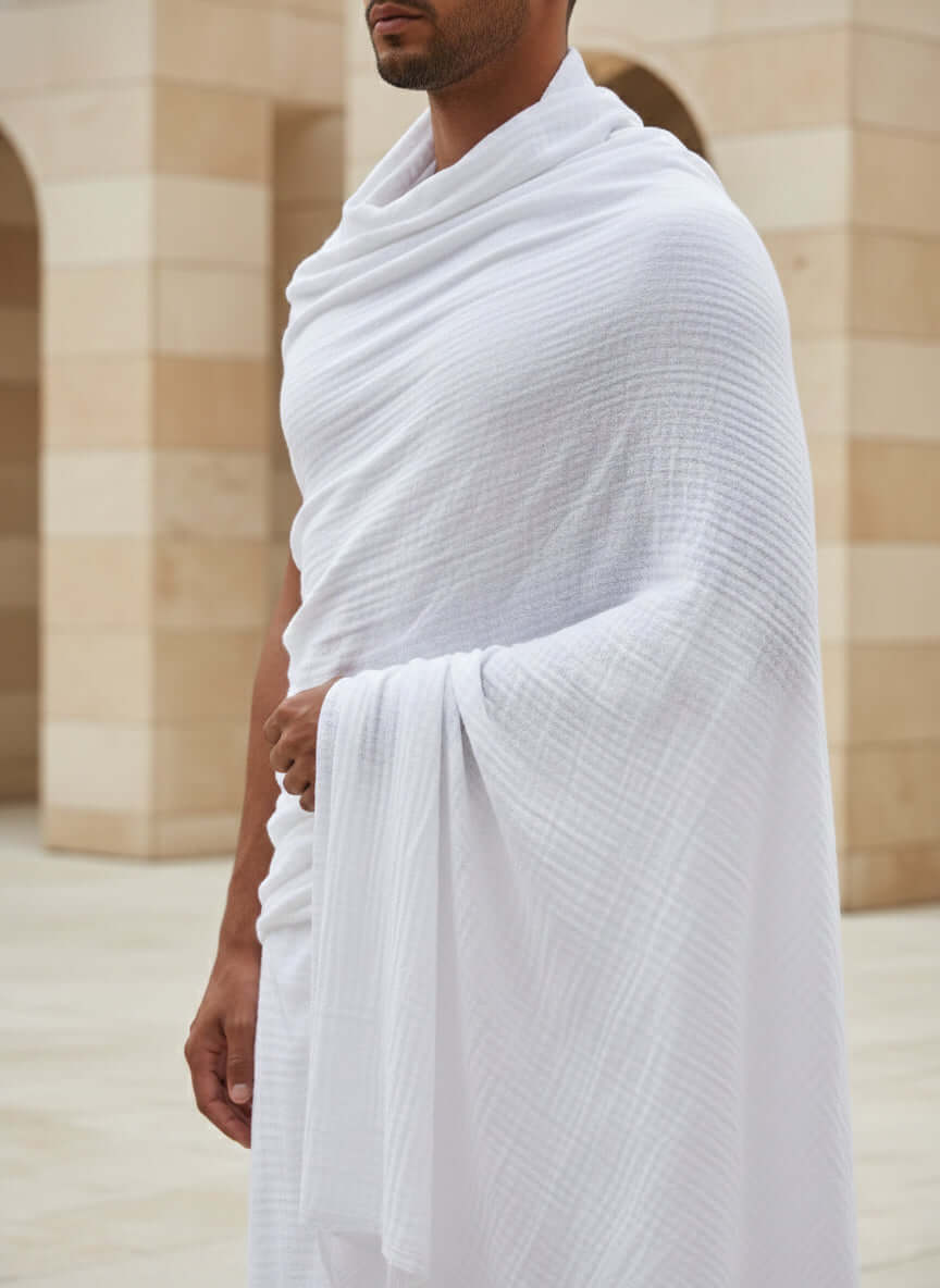 Side view of man walking in unstitched two-piece ihram, breathable bamboo-cotton fabric