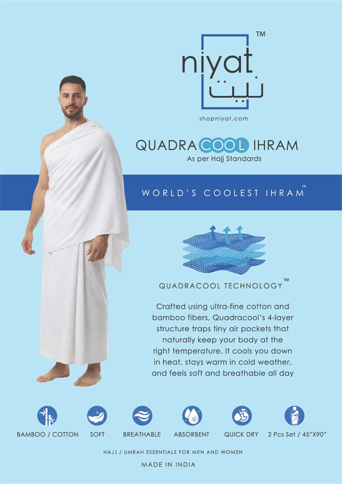 Niyat QuadraCool Ihram product description poster.
