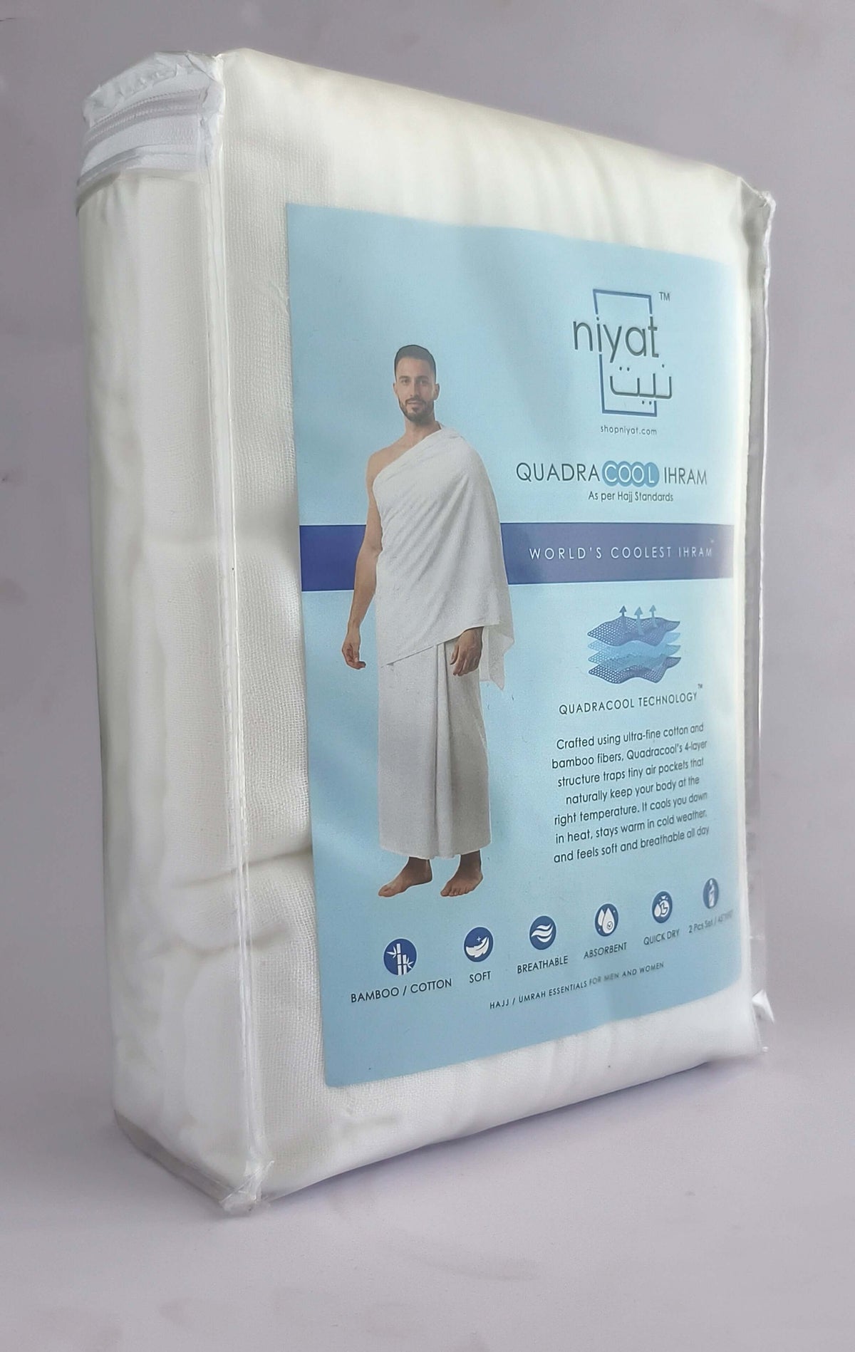 Niyat QuadraCool Ihram packaging box, bamboo-cotton Hajj Umrah essentials